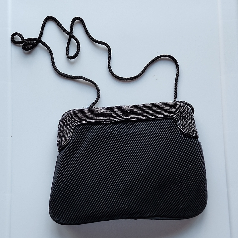 Stylish Black Fabric with Beaded Accent Crossbody Bag with Long Strap